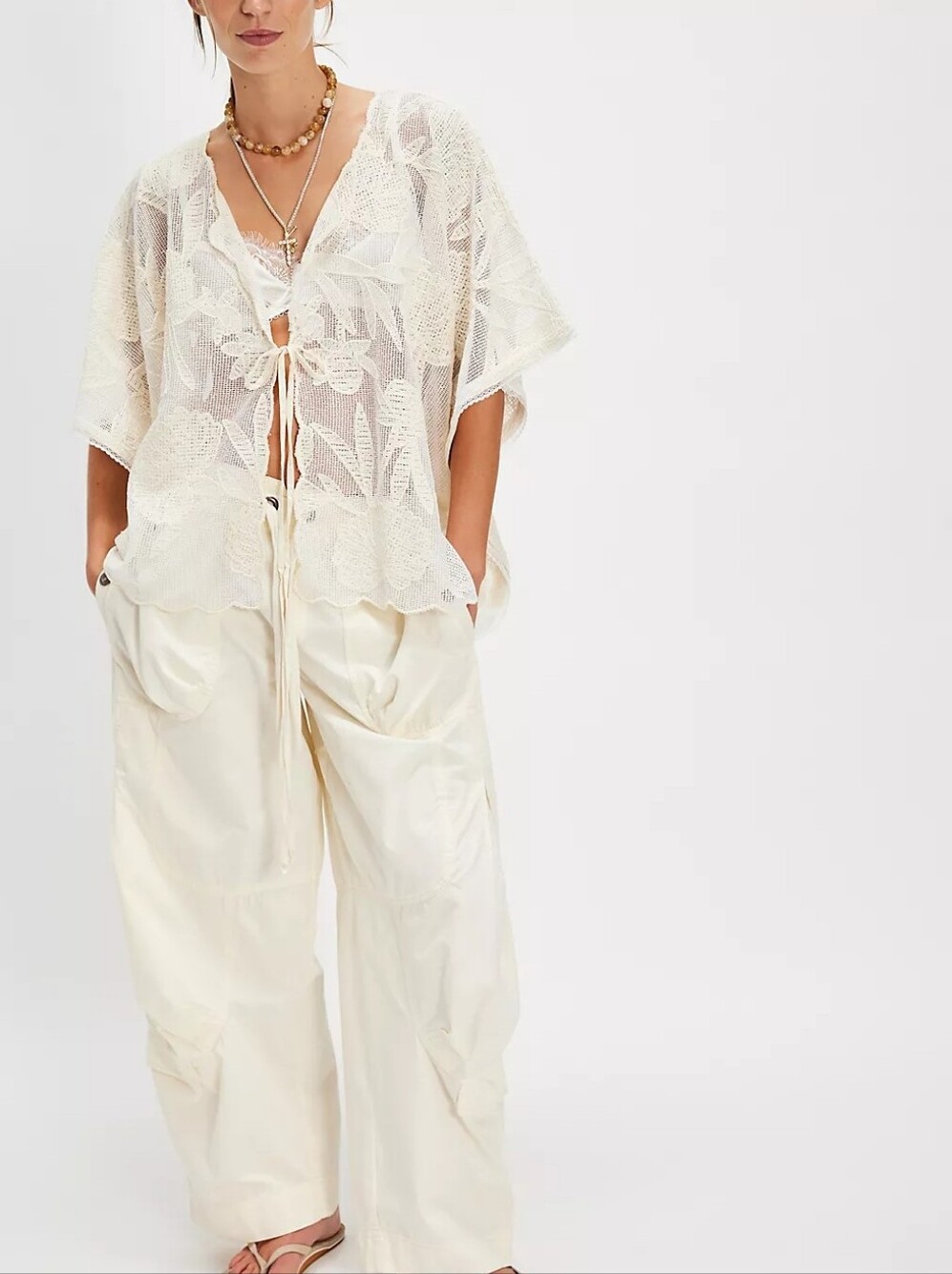Free People Willow Tie-front Sheer Cape Top in White One Size - Picture 2 of 15